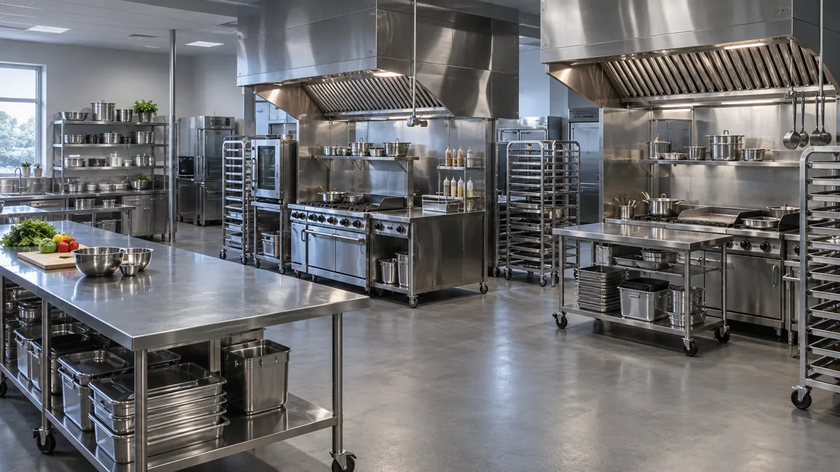 Shared production kitchen with two hooded cooking stations and preparation tables