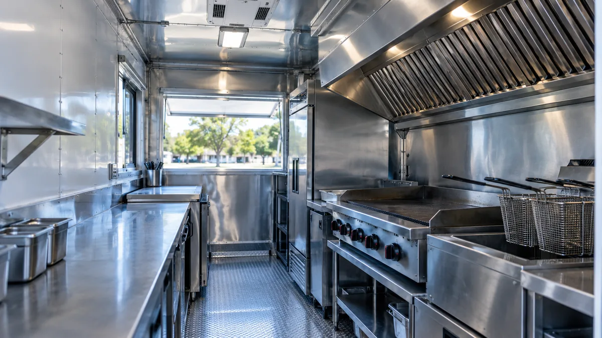 Compact food-trailer cooking line beneath a stainless-steel exhaust hood