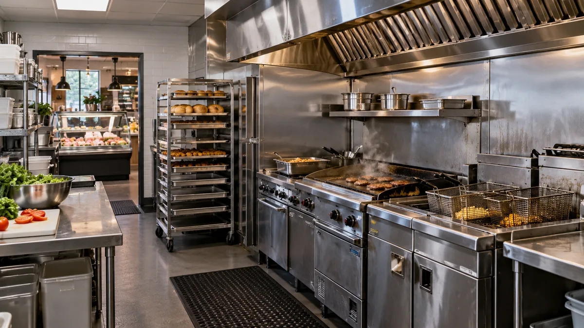 Deli production kitchen with a hooded cooking line and baking trays