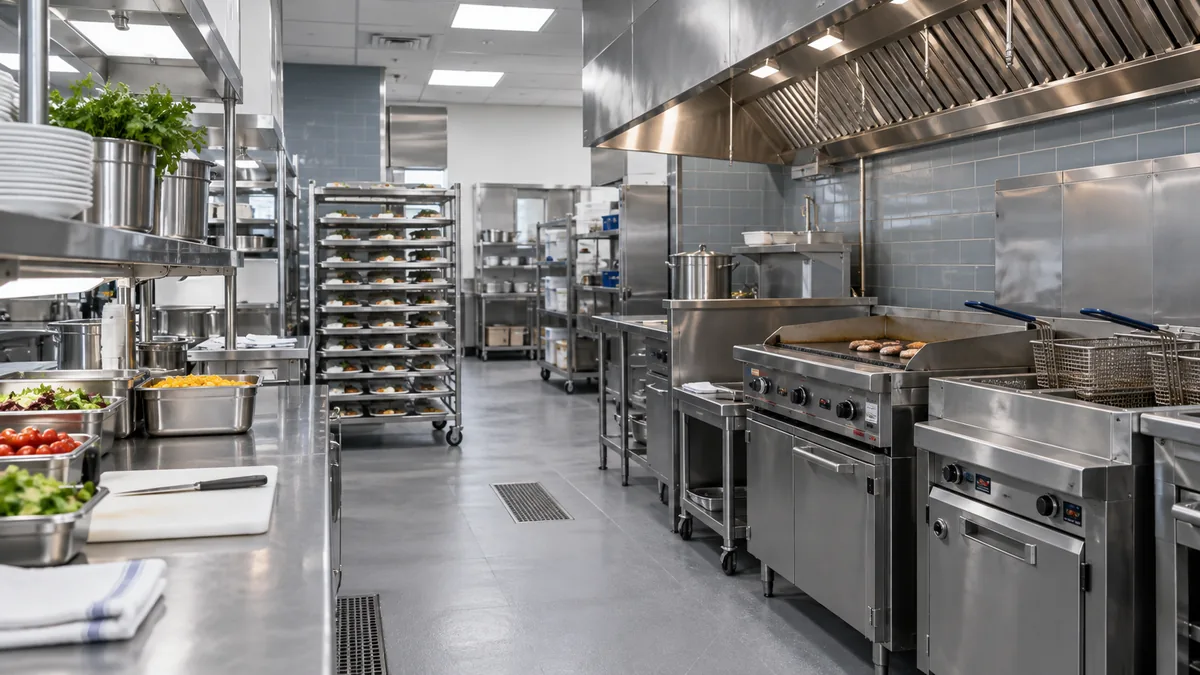 Meal-production kitchen with tray racks and a commercial hooded cooking line