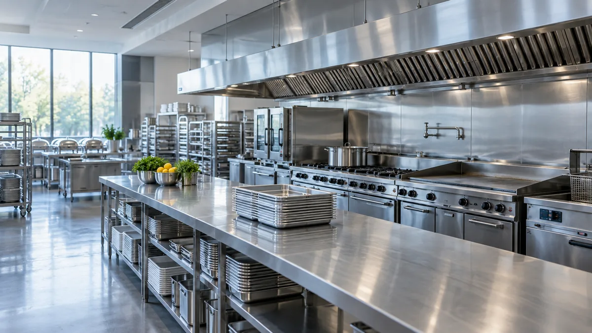 Banquet-production kitchen with prep counters and a commercial cooking canopy