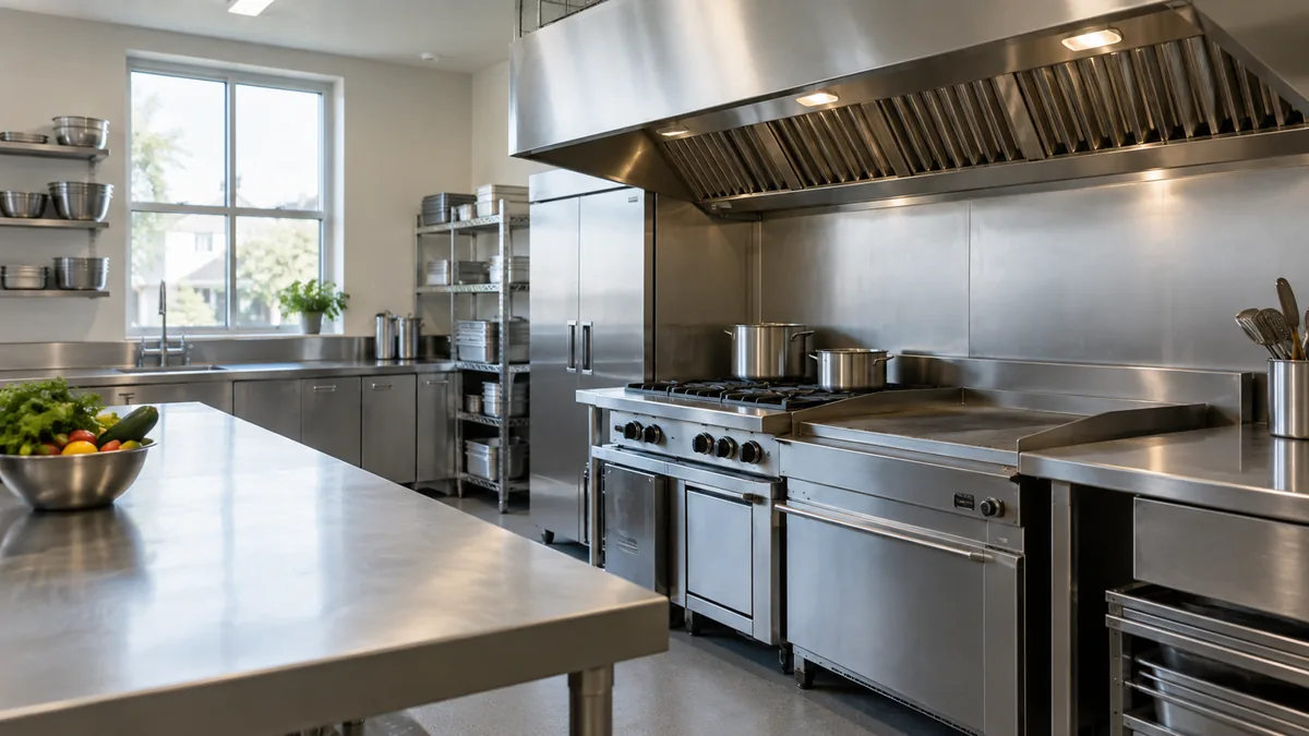 Community-style commercial cooking kitchen with a stainless canopy