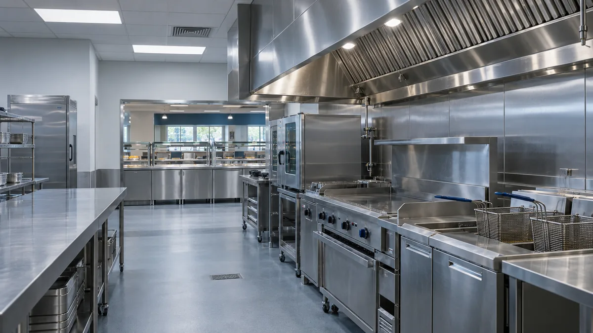Institutional cafeteria cooking line beneath a stainless-steel canopy hood