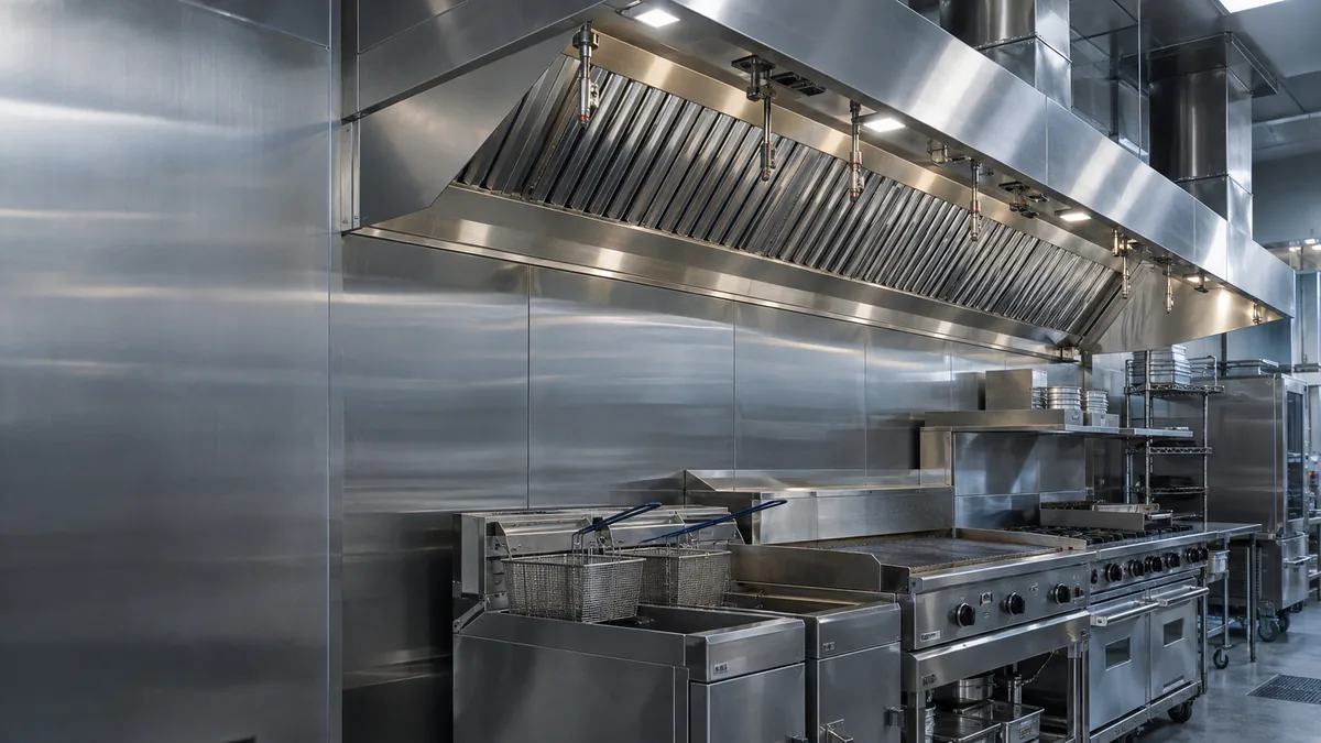 Stainless-steel commercial hood and baffle filters over a restaurant cooking line