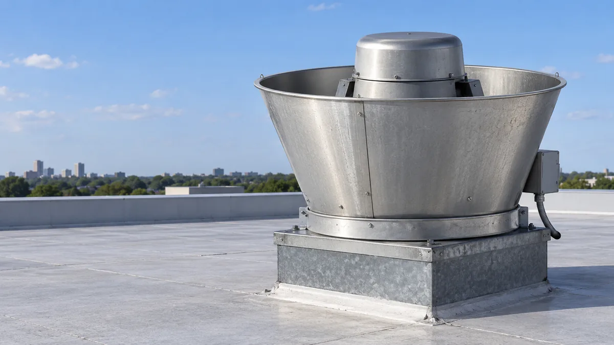 Roof-mounted exhaust fan with a flared metal housing and raised motor cover