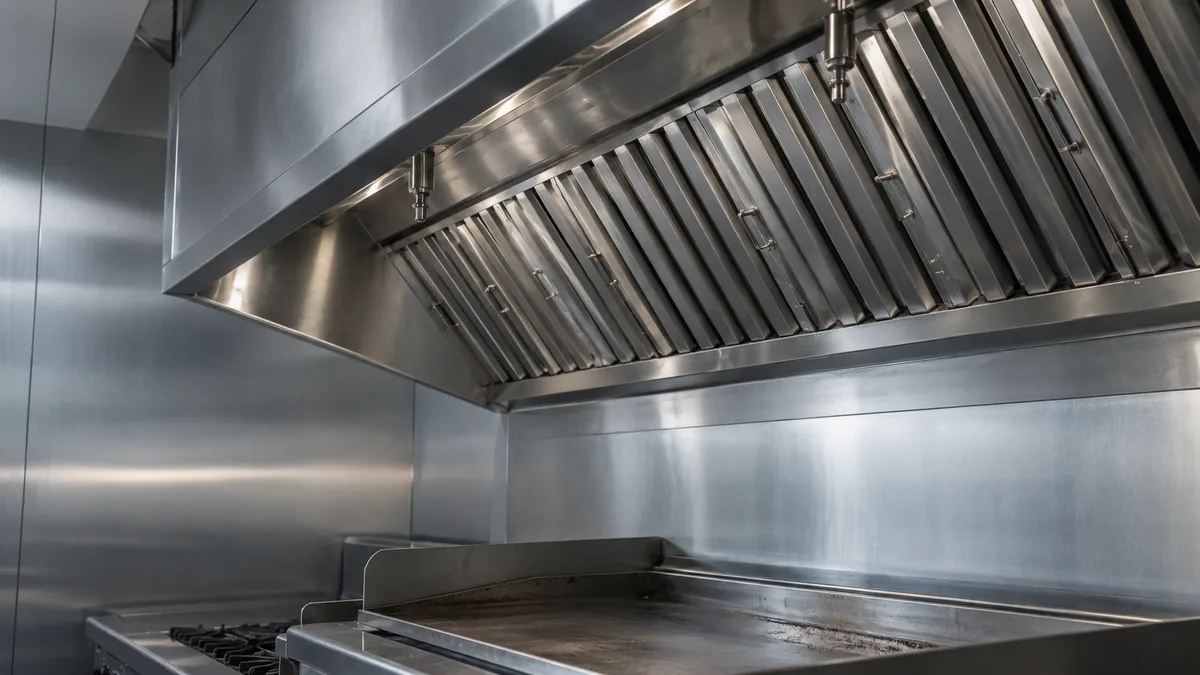 Underside of a commercial canopy hood with angled baffle filters
