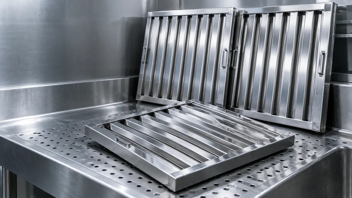 Removable stainless-steel baffle filters on a commercial draining bench