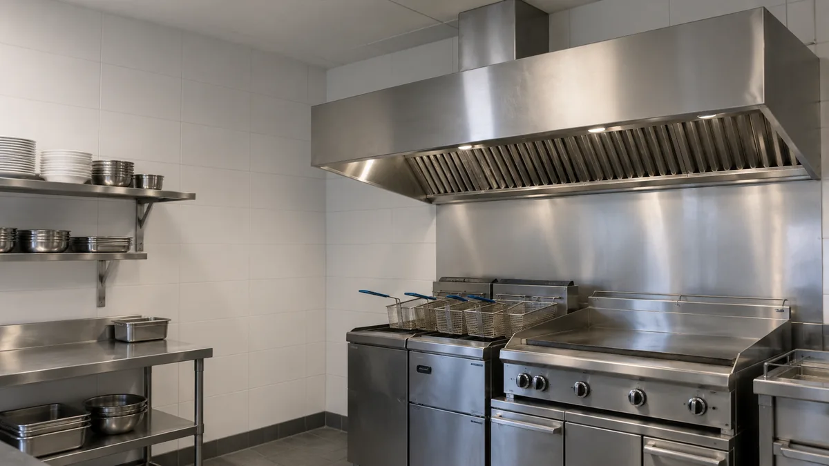 Stainless-steel canopy hood and baffle filters above a fryer and griddle, with a simple ceiling duct connection