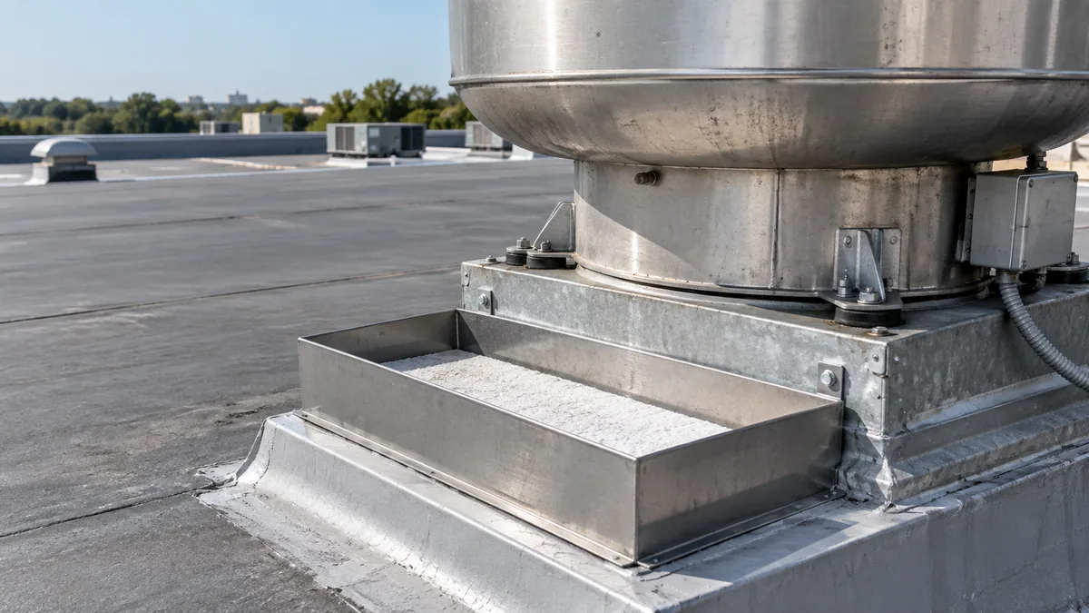 Absorbent collection pad in a metal tray beside rooftop exhaust equipment